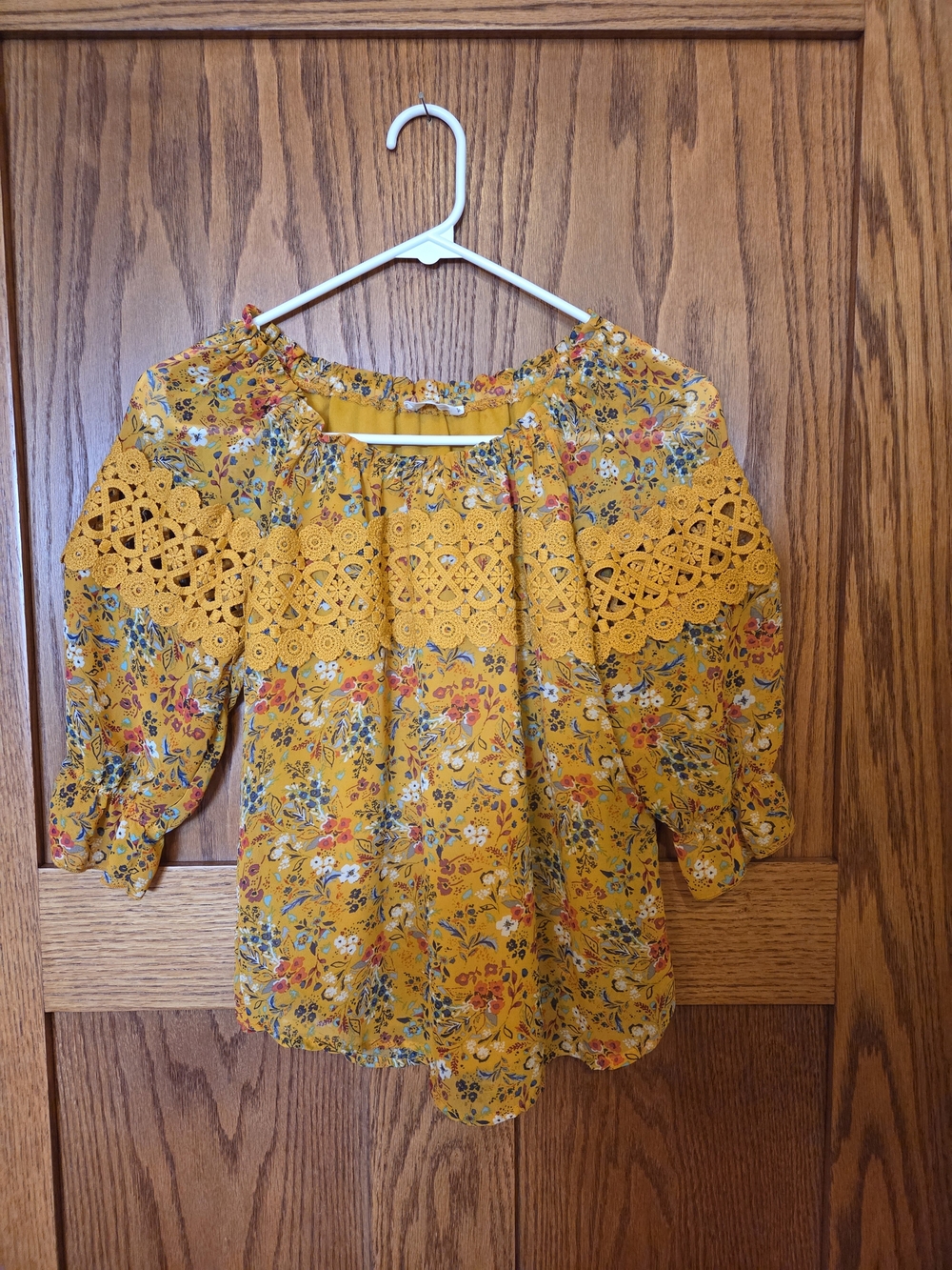 Knitworks Floral Mustard Crochet-Yoke Blouse